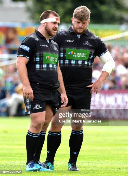 Darcy Rae , and Oli Keeble of Glasgow Warriors in action during the Famous Grouse Pre-Season Challenge between Glasgow Warriors and Harlequins at the...