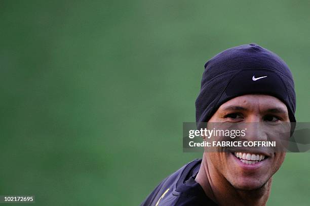 Brazil's striker Luis Fabiano looks on during a training session at the Randburg High School on June 17, 2010 in Johannesburg during the FIFA 2010...