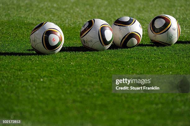 The official adidas Jabulani match ball is pictured prior to the 2010 FIFA World Cup South Africa Group B match between Greece and Nigeria at the...