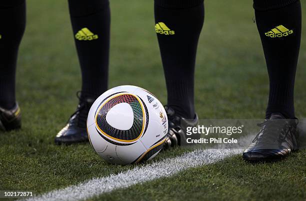 The official adidas Jabulani match ball is pictured prior to the 2010 FIFA World Cup South Africa Group B match between Greece and Nigeria at the...