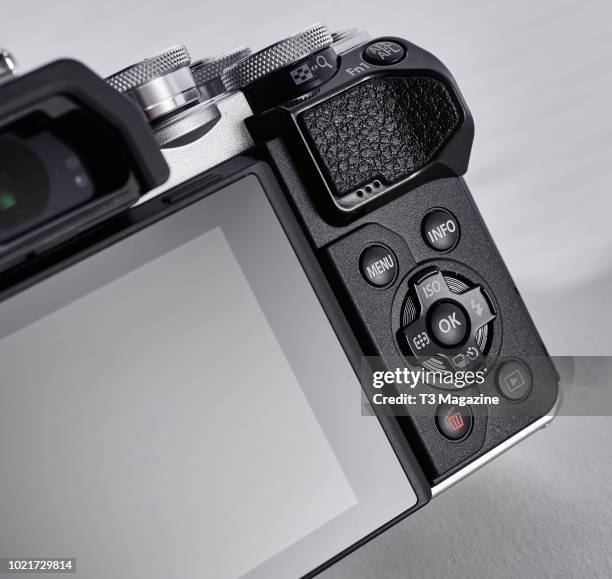 Detail of an Olympus O-MD E-M10 Mk III mirrorless digital camera, taken on November 20, 2017.
