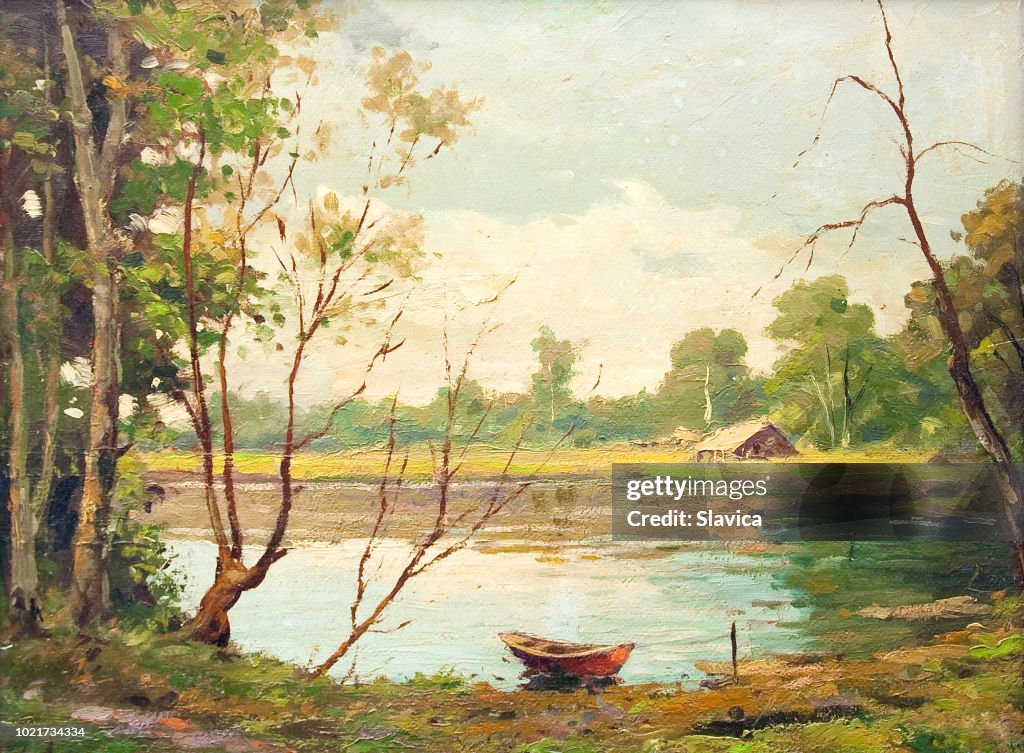 Huile sur toile de paysage - bateau sur le lac