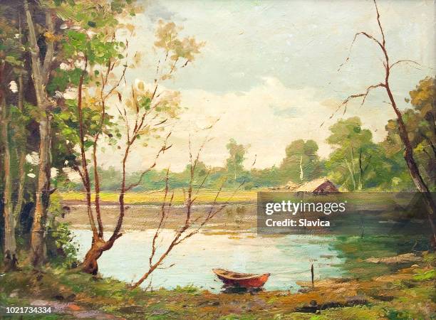 stockillustraties, clipart, cartoons en iconen met landschap olieverf - boot op het meer - painting activity