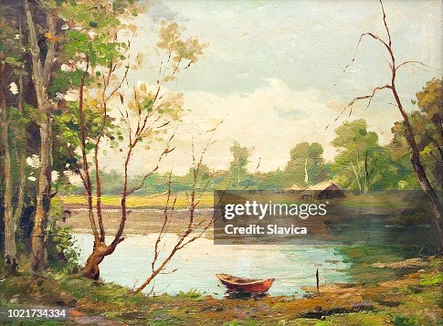 Oil landscape painting - Boat on the lake Oil landscape painting - Boat on the lake
