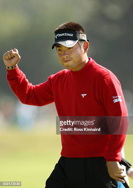 Yuta Ikeda of Japan celebrates a birdie putt on the third green during the first round of the 110th U.S. Open at Pebble Beach Golf Links on June 17,...