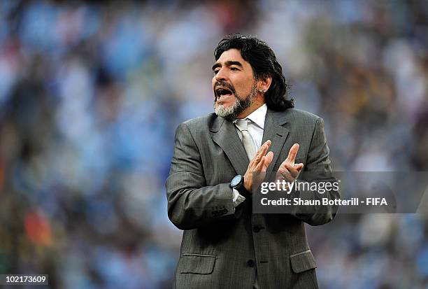 Diego Maradona head coach of Argentina reacts during the 2010 FIFA World Cup South Africa Group B match between Argentina and South Korea at Soccer...