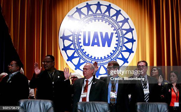 Bob King, the new president of the United Auto Workers union , center right, along with other UAW leaders, from left, Vice Presidents Jimmy Settles...