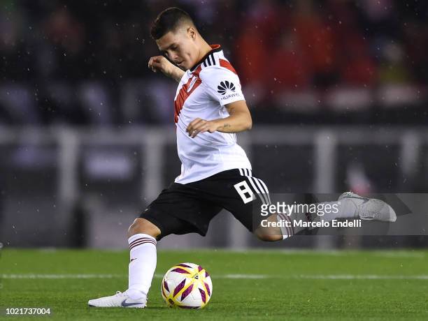 Juan Fernando Quintero of River Plate kicks the ball during a match between River Plate and Belgrano as part of Superliga Argentina 2018/19 at...