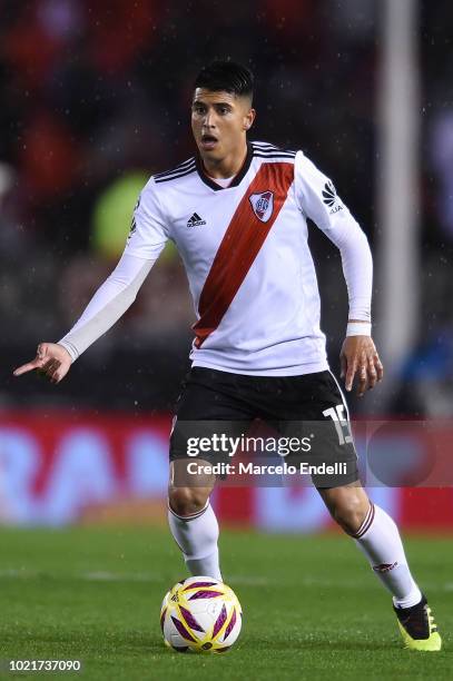 Exequiel Palacios of River Plate drives the ball during a match between River Plate and Belgrano as part of Superliga Argentina 2018/19 at Estadio...