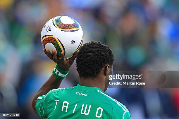 Taye Taiwo of Nigeria takes a throw in during the 2010 FIFA World Cup South Africa Group B match between Greece and Nigeria at the Free State Stadium...