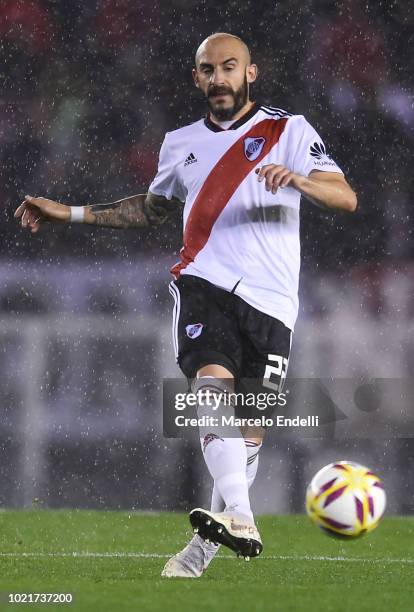 Javier Pinola of River Plate kicks the ball during a match between River Plate and Belgrano as part of Superliga Argentina 2018/19 at Estadio...