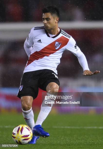 Gonzalo Martinez of River Plate kicks the ball during a match between River Plate and Belgrano as part of Superliga Argentina 2018/19 at Estadio...