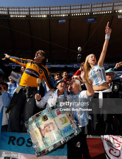 Argentina fans support their team before the start of the 2010 FIFA World Cup South Africa Group B match between Argentina and South Korea at Soccer...