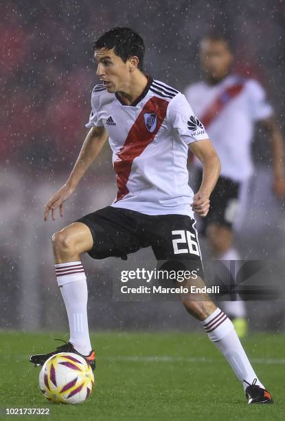 Ignacio Fernandez of River Plate drives the ball during a match between River Plate and Belgrano as part of Superliga Argentina 2018/19 at Estadio...