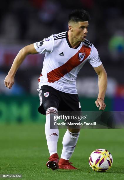 Jorge Luis Moreira of River Plate drives the ball during a match between River Plate and Belgrano as part of Superliga Argentina 2018/19 at Estadio...