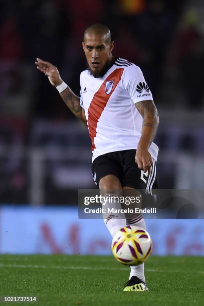 Jonatan Maidana of River Plate kicks the ball during a match between River Plate and Belgrano as part of Superliga Argentina 2018/19 at Estadio...