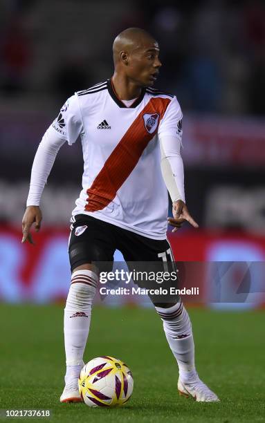 Nicolas De La Cruz of River Plate drives the ball during a match between River Plate and Belgrano as part of Superliga Argentina 2018/19 at Estadio...