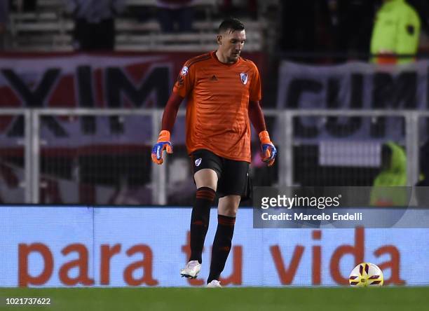 Franco Armani of River Plate kicks the ball during a match between River Plate and Belgrano as part of Superliga Argentina 2018/19 at Estadio...