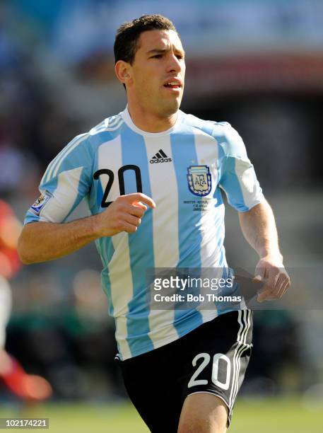 Maxi Rodriguez of Argentina during the 2010 FIFA World Cup South Africa Group B match between Argentina and South Korea at Soccer City Stadium on...