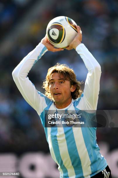 Gabriel Heinze of Argentina about to throw the ball during the 2010 FIFA World Cup South Africa Group B match between Argentina and South Korea at...