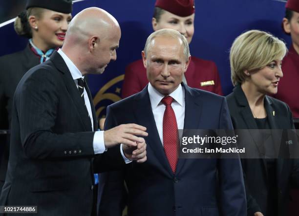 Gianni Infantino and Vladimir Putin are seen during the 2018 FIFA World Cup Russia Final between France and Croatia at Luzhniki Stadium on July 15,...