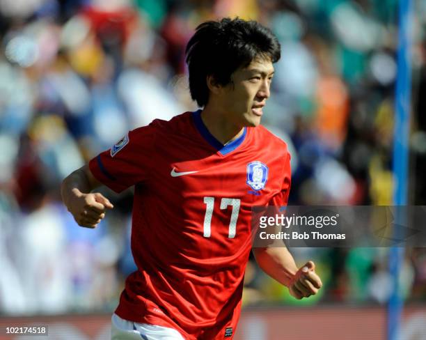Lee Chung-Yong of South Korea celebrates his goal during the 2010 FIFA World Cup South Africa Group B match between Argentina and South Korea at...
