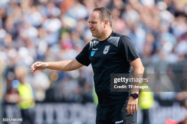 Head coach Holger Bachthaler of SSV Ulm gestures during the DFB Cup first round match between SSV Ulm 1846 Fussball and Eintracht Frankfurt at...