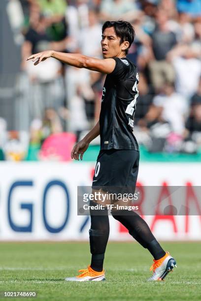 Makoto Hasebe of Eintracht Frankfurt gestures during the DFB Cup first round match between SSV Ulm 1846 Fussball and Eintracht Frankfurt at...
