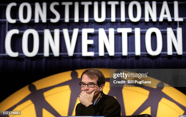 Newly-elected United Auto Workers president Bob King waits to deliver his first speech as president at the closing of the the 2010 UAW Constitutional...