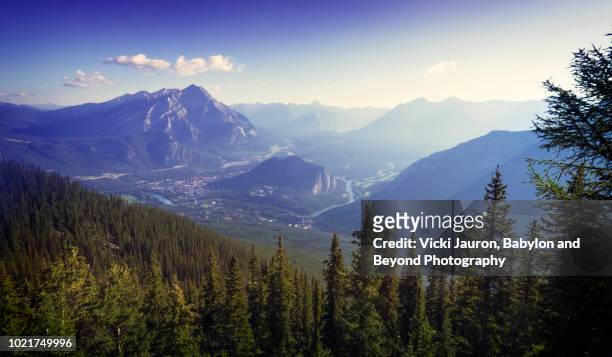 panoramic view of the bow river valley and banff from sulphur mountain gondola - banff springs hotel stock pictures, royalty-free photos & images