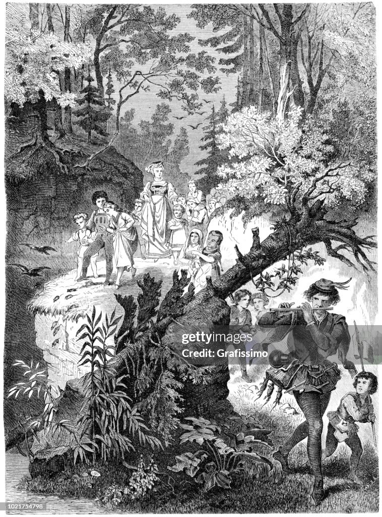 Sprookje van de rattenvanger van Hamelen spelen fluit 1875