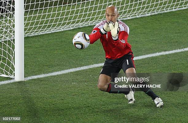 Mexico's goalkeeper Oscar Perez catches the ball during their Group A first round 2010 World Cup football match on June 17, 2010 at Peter Mokaba...