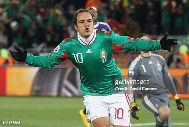 Cuauhtemoc Blanco of Mexico celebrates after scoring a penalty during the 2010 FIFA World Cup South Africa Group A match between France and Mexico at...