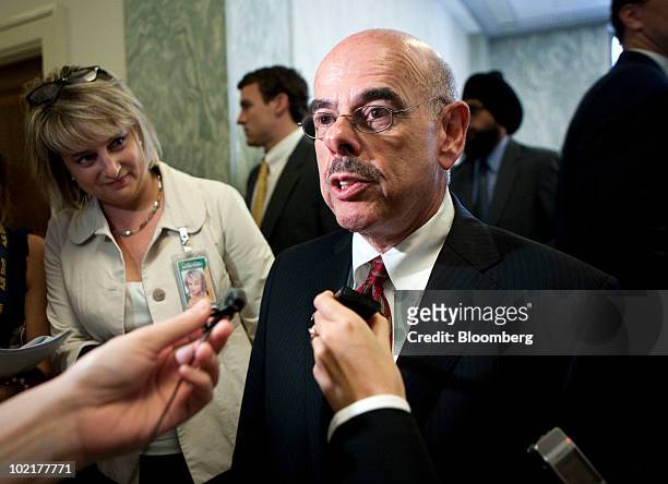Henry Waxman, a Democrat from California, speaks to the media during a recess of the House Energy and Commerce Committee hearing on the accident in...