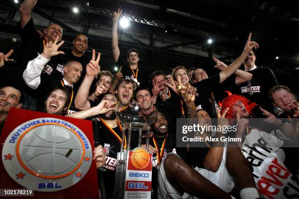 Players of Brose Baskets celebrate the German Championship after winning game five of the Beko Basketball Bundesliga play off finals against Deutsche...