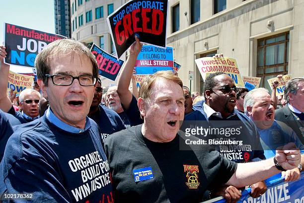 Protesters, from left, Bob King, the new president of the United Auto Workers union , James "Jimmy" Hoffa, International Brotherhood of Teamsters...