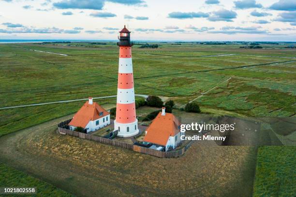 aerial view westerheversand lighthouse nordfriesland germany - wattenmeer national park stock pictures, royalty-free photos & images
