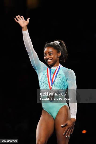 National Championships: Simone Biles victorious on medal stand after winning Senior Women's event at TD Garden. Women's Day 2. Boston, MA 8/19/2018...