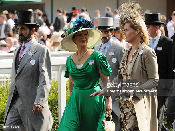 Prince Mohammed Bin Rashed Al Maktoum, Princess Haya bint Al Hussein and Sophie Countess Of Wessex attends Royal Ascot at Ascot Racecourse on June...