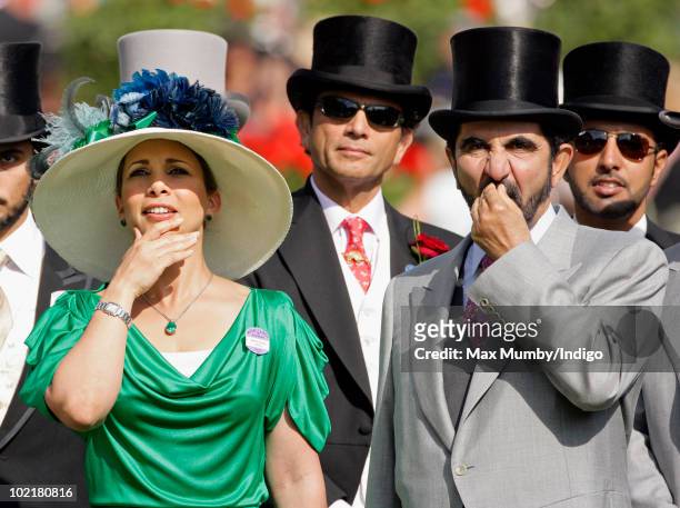 Princess Haya Bint Al Hussein and HH Sheikh Mohammed Bin Rashid Al Maktoum watch the racing as they attend Royal Ascot Ladies Day at Ascot Racecourse...