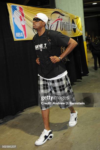 Paul Pierce of the Boston Celtics arrives before taking on the Los Angeles Lakers in Game Seven of the 2010 NBA Finals on June 17, 2010 at Staples...