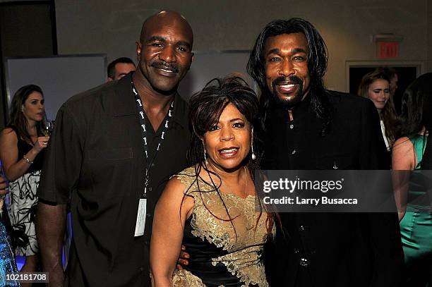 Evander Holyfield, Valerie Simpson and Nick Ashford attend the 41st Annual Songwriters Hall of Fame Ceremony at The New York Marriott Marquis on June...