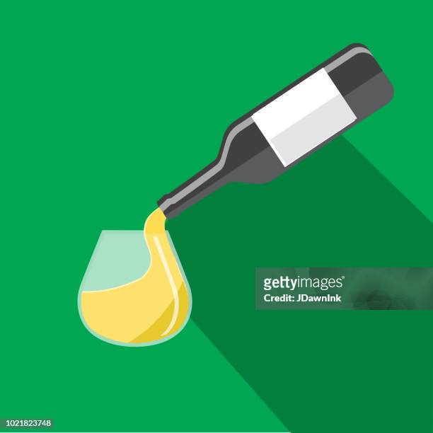 stockillustraties, clipart, cartoons en iconen met witte wijn wordt gegoten in een stemless wijnglas platte ontwerp thema icon set met schaduw - gegoten