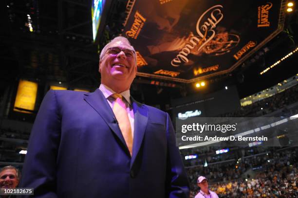 Head Coach Phil Jackson of the Los Angeles Lakers looks on before taking on the Boston Celtics in Game Seven of the 2010 NBA Finals on June 17, 2010...