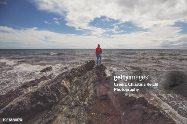 woman standing on rocks leading into the ocean enjoying the view - plymouth devon stock-fotos und bilder