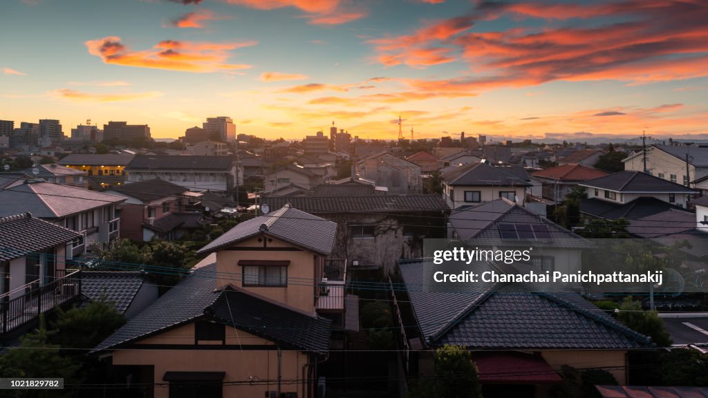 Morning twilight scene over Saga City, Japan