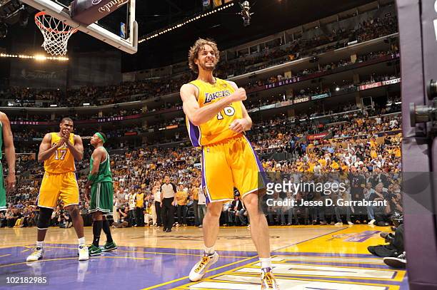 Pau Gasol of the Los Angeles Lakers reacts against the Boston Celtics in Game Seven of the 2010 NBA Finals on June 17, 2010 at Staples Center in Los...