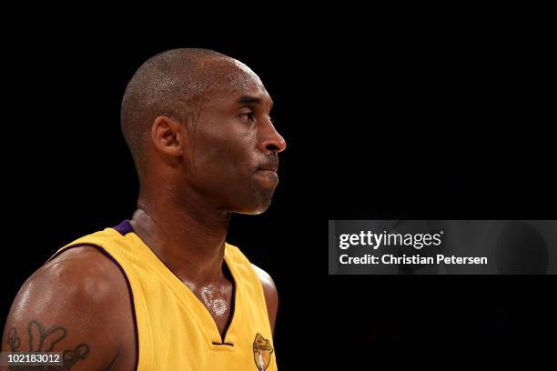 Kobe Bryant of the Los Angeles Lakers looks across the court in Game Seven of the 2010 NBA Finals against the Boston Celtics at Staples Center on...