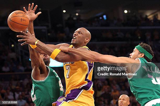 Lamar Odom of the Los Angeles Lakers goes up for a shot between Tony Allen and Rasheed Wallace of the Boston Celtics in Game Seven of the 2010 NBA...