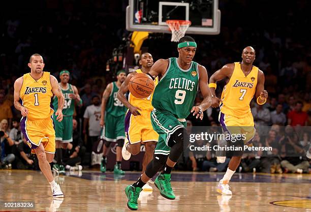 Rajon Rondo of the Boston Celtics drives the ball up court followed by the Los Angeles Lakers in Game Seven of the 2010 NBA Finals at Staples Center...